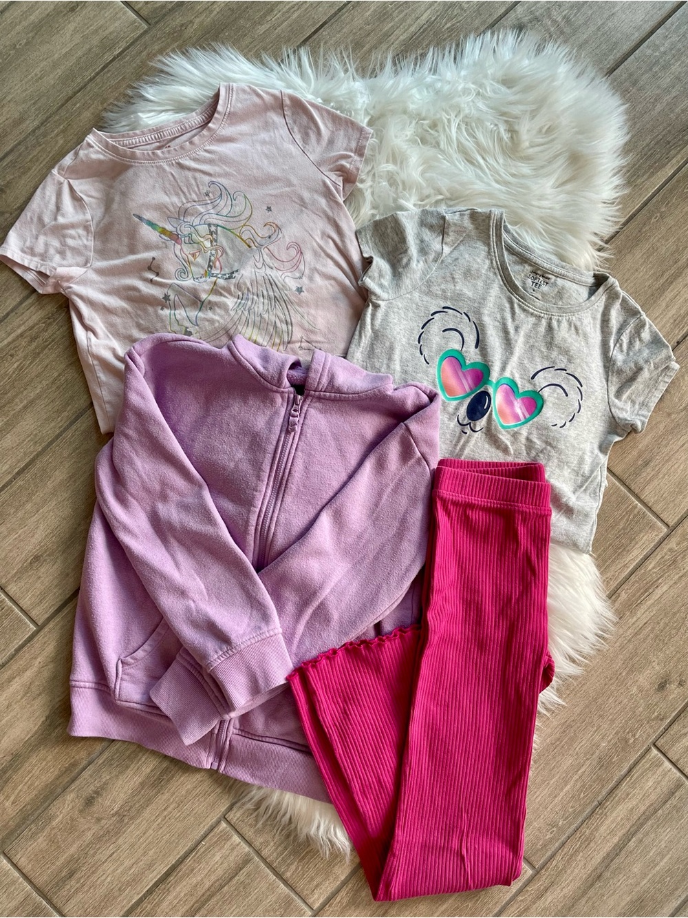 Girls Unicorn & Koala Tee + Lilac Zip Hoodie & Hot Pink Leggings Set Size 8